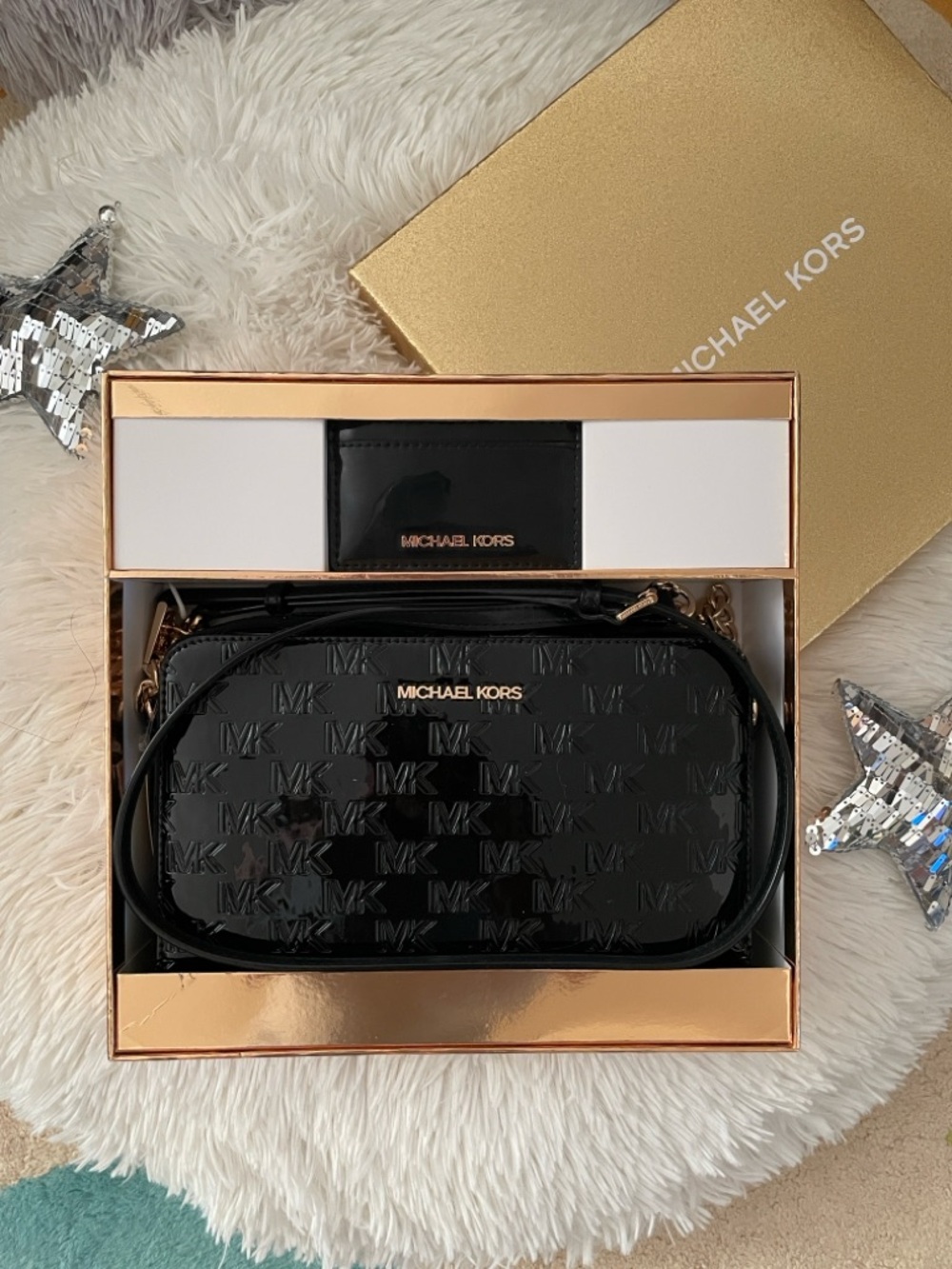 Michael Kors Black Patent MK Logo Crossbody with Gold Hardware